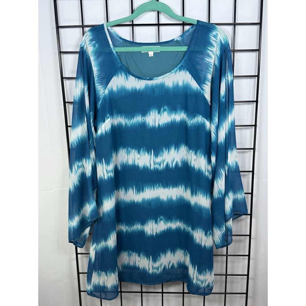 Umgee Tie Dyed Shift Dress Womens L Turquoise Peasant Cottagecore Boho Colorful‎